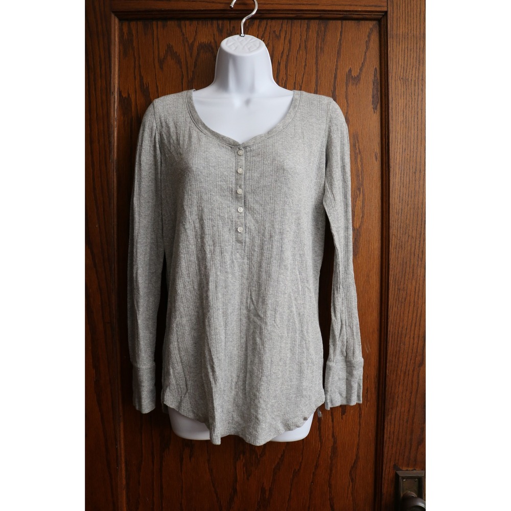 VICTORIAS SECRET Henley Shirt Top Women XL Gray Metallic Ribbed Shimmer Sleeves
